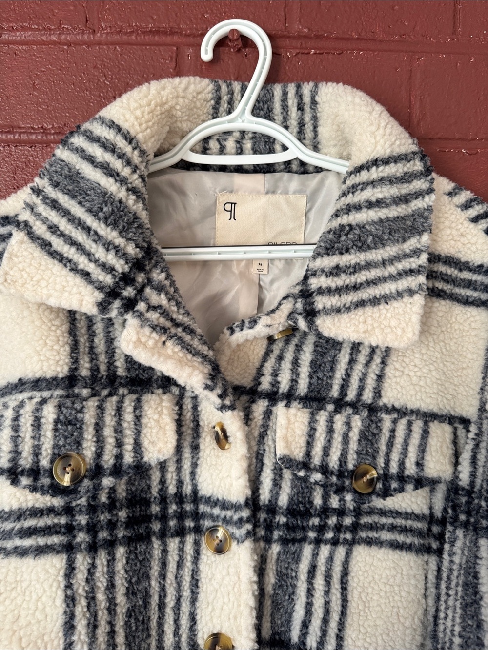 Pilcro Anthropologie Off White & Navy Blue Plaid Cropped Sherpa Jacket XS - Picture 8 of 13
